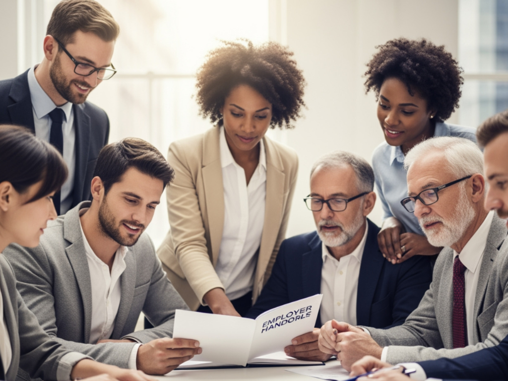 Group of diverse professionals gathered around a table, discussing and reviewing documents labeled 'employer handbook' in a modern office setting.