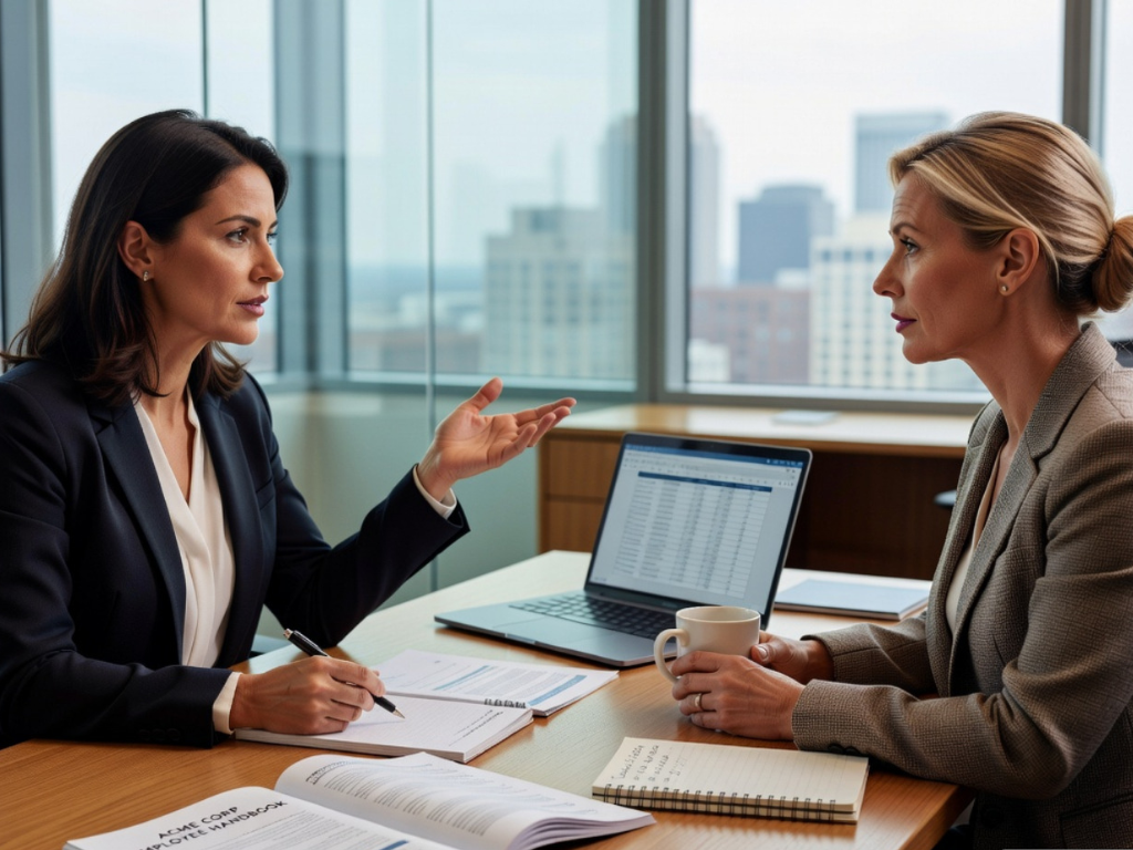Two professional women conversing in an office, sharing ideas and collaborating on a project.