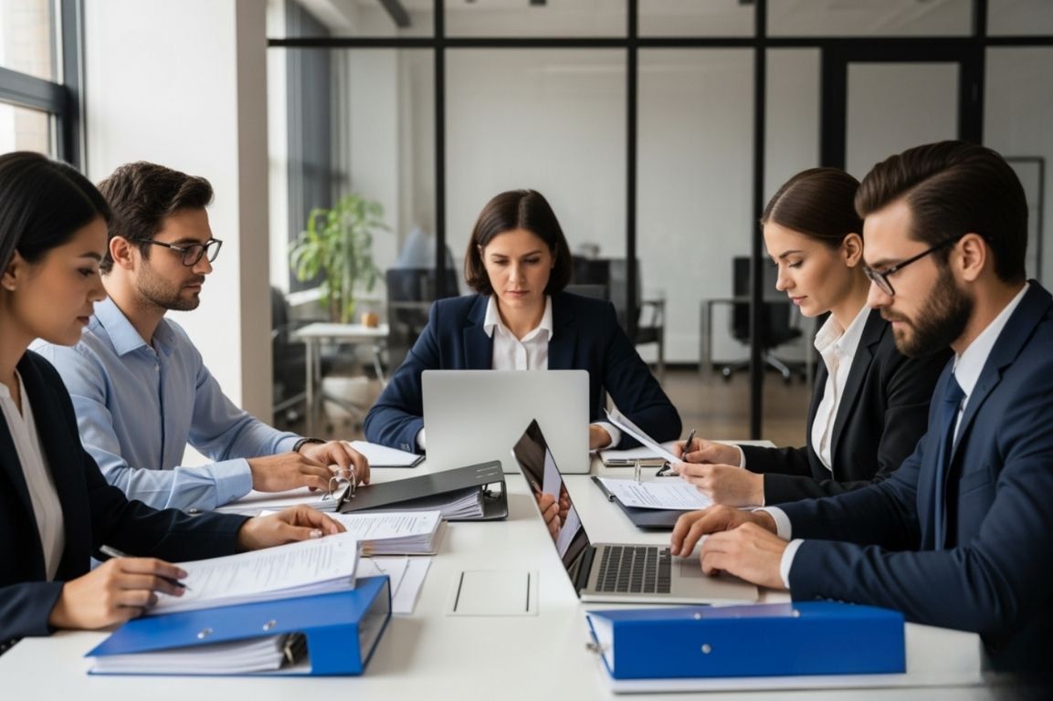 A group of professionals working together in an office, discussing hr compliance documents and strategies.