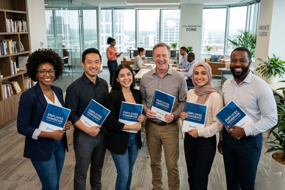 A diverse group of professionals holding their employee handbooks while standing in a modern office with a collaborative atmosphere.