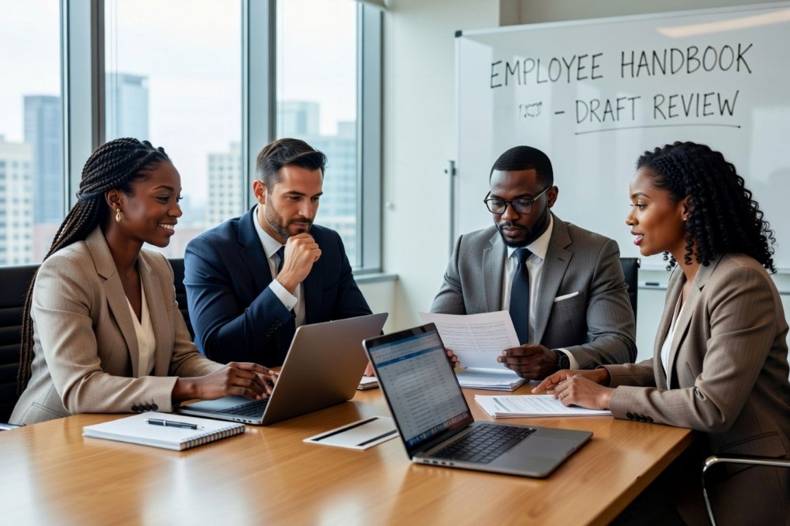 A team of professionals reviewing the draft of an employee handbook in a modern office setting.
