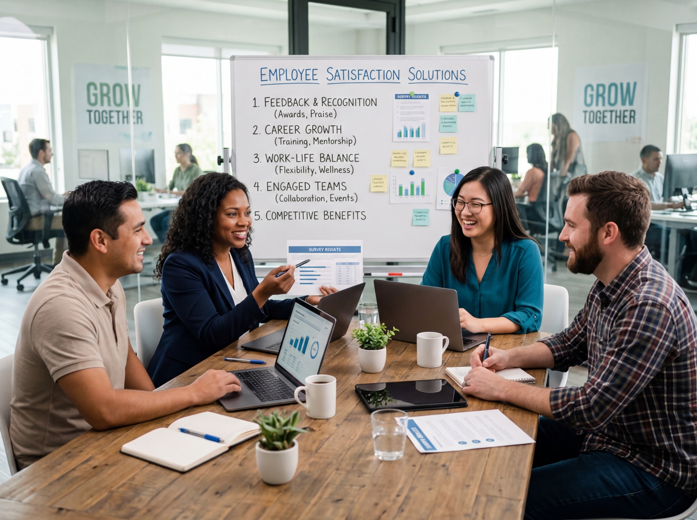 A diverse team in a meeting, discussing employee satisfaction solutions and presenting survey results, with a whiteboard showcasing key factors like feedback, career growth, work-life balance, and engagement.