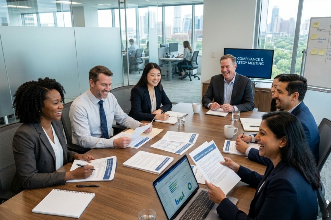A group of professionals in a meeting discussing hr compliance and strategy, reviewing documents and data to ensure business compliance.