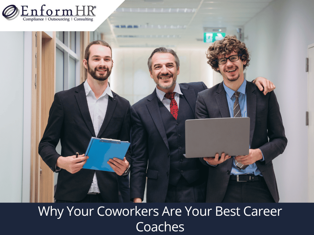 Professionals smiling in the workplace with a title about coworkers as career coaches