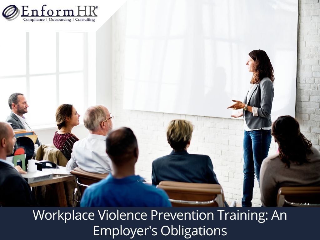 An instructor leads a training session titled Workplace Violence Prevention Training: An Employer's Obligations for employees.