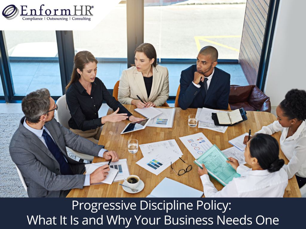 HR team reviewing a progressive discipline policy with business leaders, highlighting employee compliance, workplace accountability, and HR consulting support.
