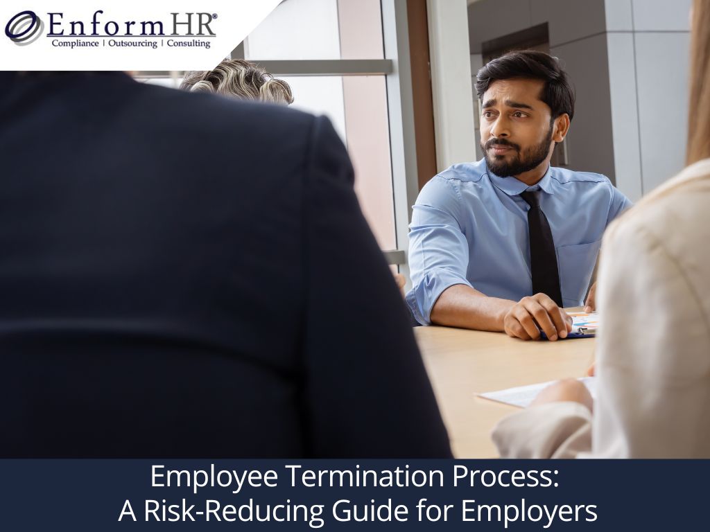 Employee termination meeting with HR consultant and staff member, highlighting risk-reducing offboarding, compliance, and employer guidance.