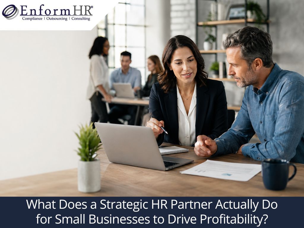 Strategic HR partner advising a small business owner, highlighting HR consulting, compliance, outsourcing, and profitability support.