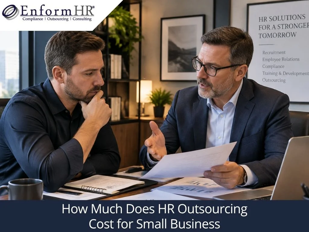 Small business owners in an HR strategy meeting discussing outsourcing costs.