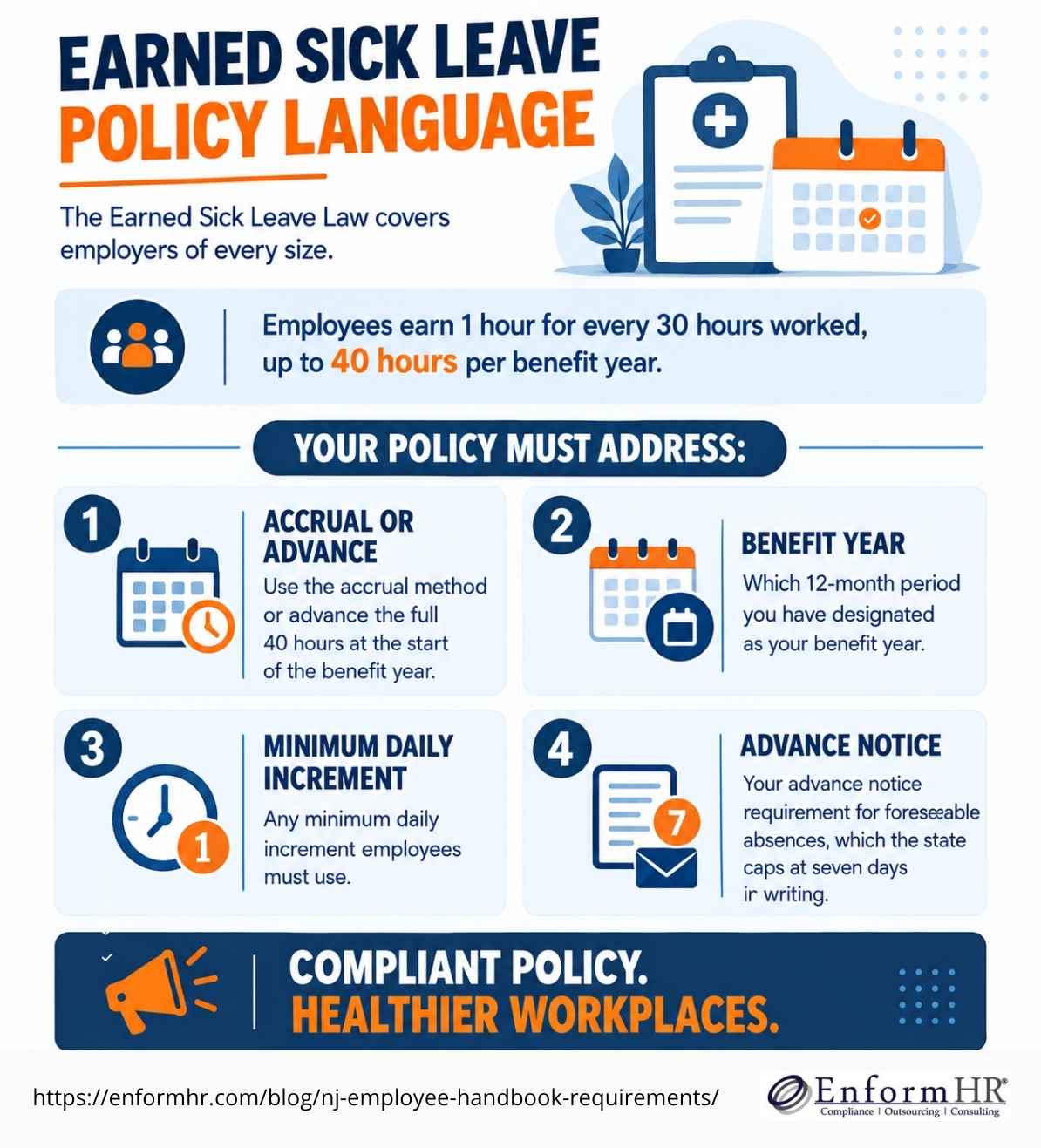 Infographic detailing new jersey earned sick leave policy requirements.