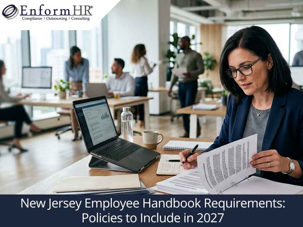 Woman reviewing New Jersey employee handbook policies in an office setting.