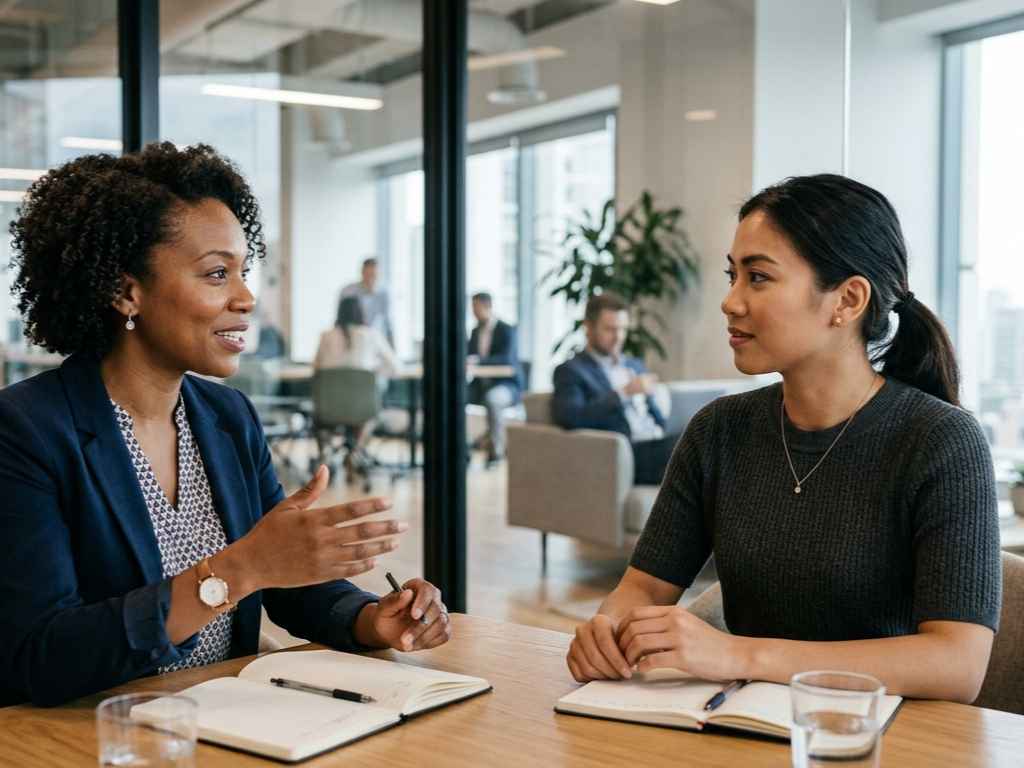 Two women in a modern office discuss hr policies for a new jersey employee handbook.