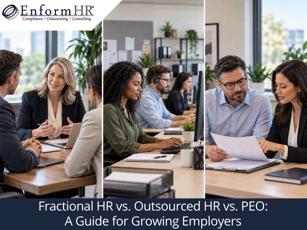 Three panels show business professionals in meetings and at desks, illustrating HR service models.