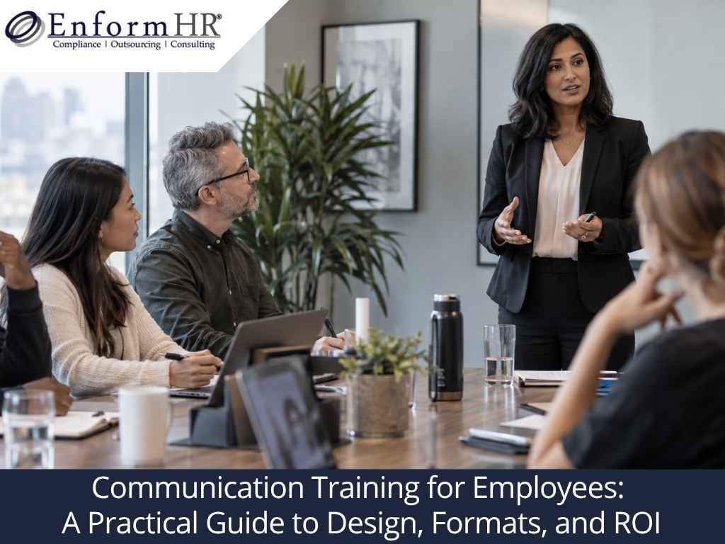 HR facilitator leading an employee communication training session with a corporate team.